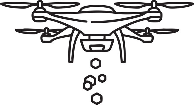 Drone dropping small hexagonal objects line art illustration
