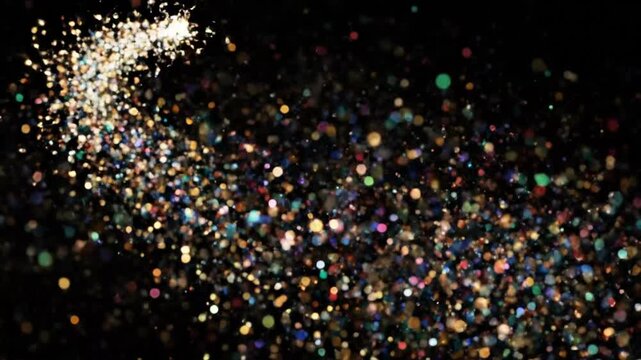 A burst of colorful confetti exploding in the dark.