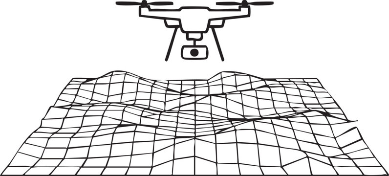 Line art icon of a drone flying above a topographical map for survey