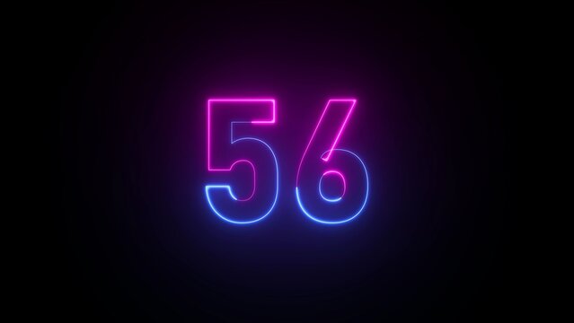 Glowing neon number 56 in pink and blue on a dark background fifty six
