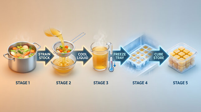 Educational infographic diagram illustrating the five sequential steps for straining cooling freezing and storing homemade vegetable stock in kitchen cubes