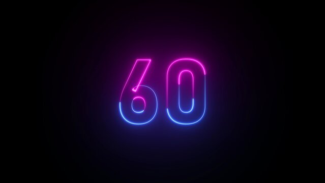 Glowing neon number 60 in pink and blue on black background sixty