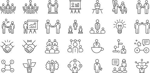 People Icons Pack with Line Art Figures Showing Greetings, Teamwork, Coaching, and Workshop Roles Featuring Handshake, Meeting, Training With © md