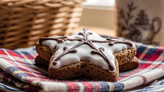 Star shaped gingerbread cookie with white icing and chocolate patterns on a plaid napkin