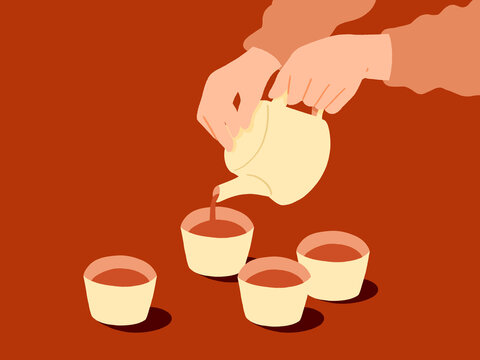 Hands pouring tea from teapot into cups