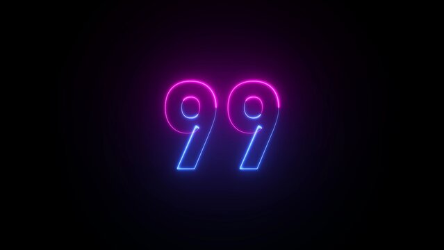 Neon blue and pink number 99 glowing on black background ninety nine digit