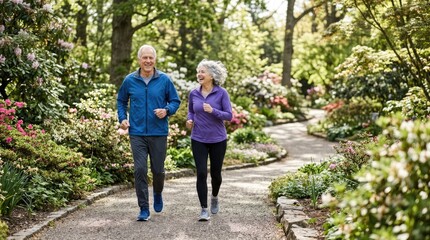Obraz premium An active senior couple enjoying a jog together on a scenic park path surrounded by lush greenery and blooming flowers