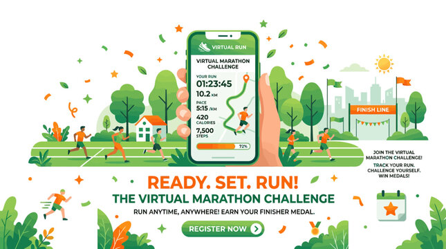 Vector illustration of a virtual marathon challenge with people running and a smartphone showing race progress.