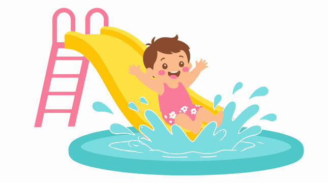 Joyful child sliding down a yellow water slide into a pool, cartoon style vector illustration