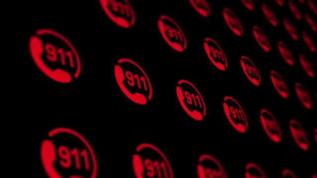 Glowing red 911 emergency call icons in a digital grid on dark background motion graphics