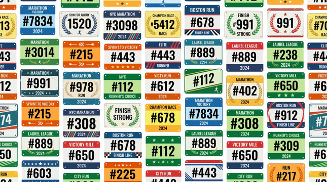 Collection of colorful race bibs with numbers and awards, graphic elements for sports events