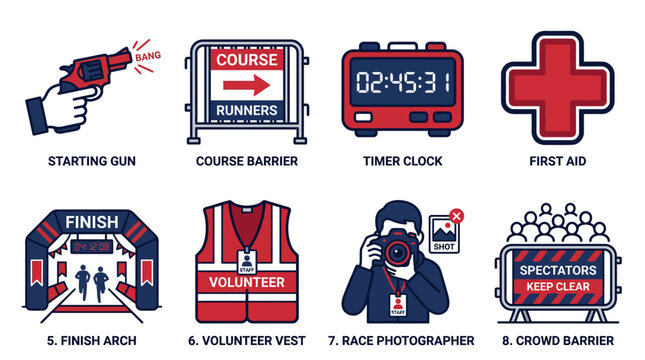 Set of flat design vector icons for running race events, including start gun, barrier, timer, and finish arch.