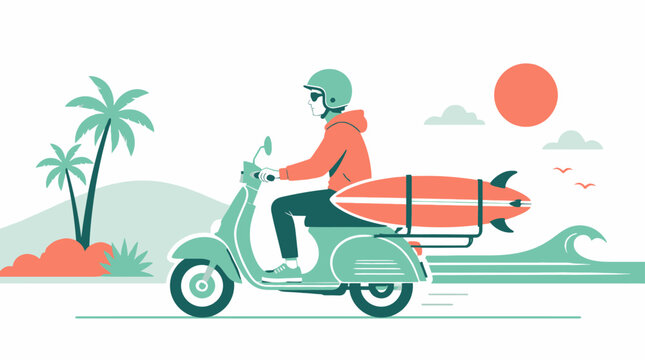 Retro scooter with surfboard on beachside road, flat vector illustration