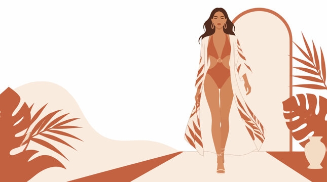 Bohemian fashion model in swimsuit and sheer kimono walks on runway with tropical leaves