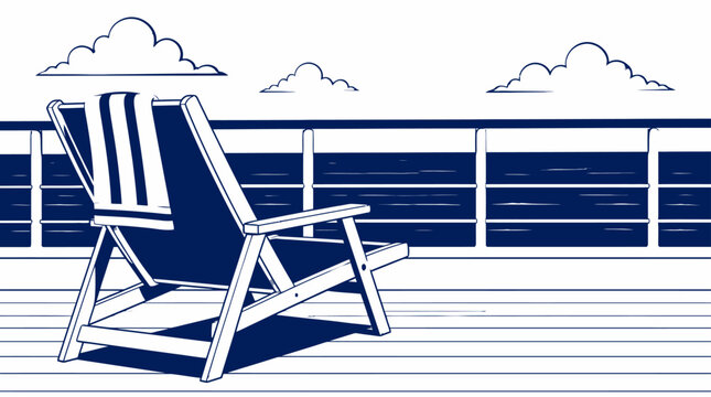 Deck chair with towel on a ship deck overlooking the ocean and clouds, vector illustration