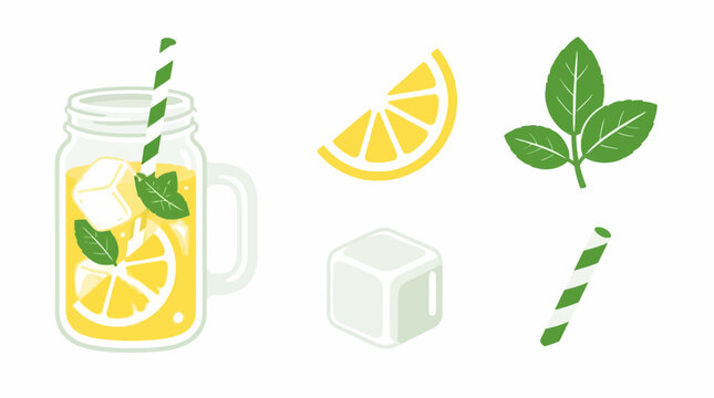 Refreshing lemonade set with mason jar, lemon slices, mint leaves, ice cubes, and straw