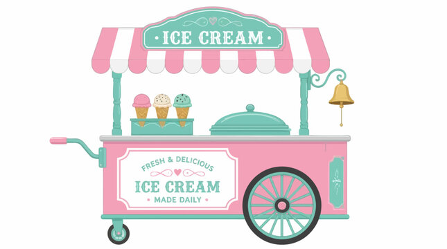 Pink ice cream cart with awning and colorful cones, vector illustration