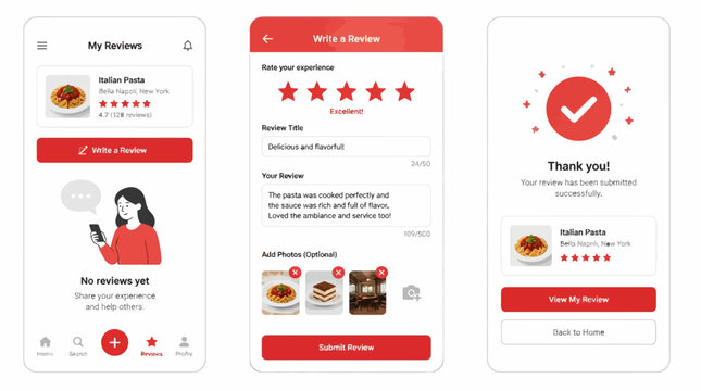 Mobile app interface screens showcasing user reviews and feedback for a restaurant