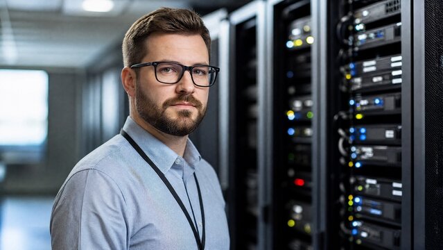 An IT technician in a data center, working among server racks.