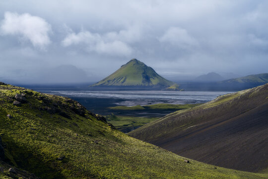 M&aelig;lifell framed by sunlit moss hillsides, Iceland highlands