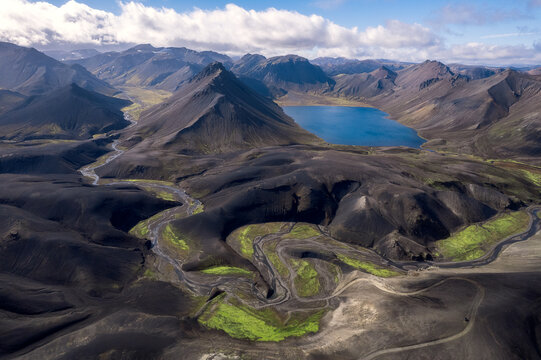 Aerial view of F208 road and blue crater lake, Iceland