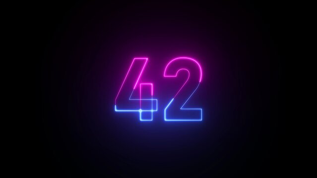 Neon number 42 glowing in pink and blue against a black background forty-two numeral