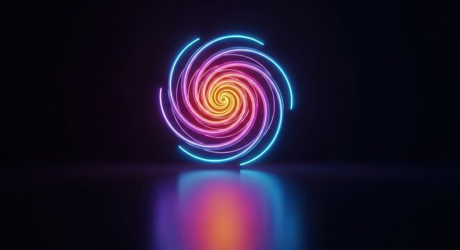 Vibrant Neon Spiral Abstract Design with Reflective Surface on Dark Background