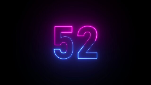 Neon number 52 glowing with pink and blue light on a black background fifty two numeral