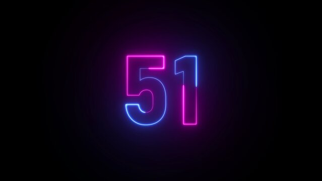 Neon number 51 glowing with pink and blue light on a black background fifty one numeral