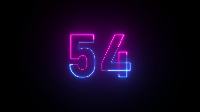 Neon number 54 glowing with pink and blue light on a black background fifty four numeral