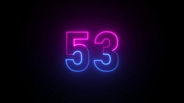 Neon number 53 glowing with pink and blue light on a black background fifty three numeral