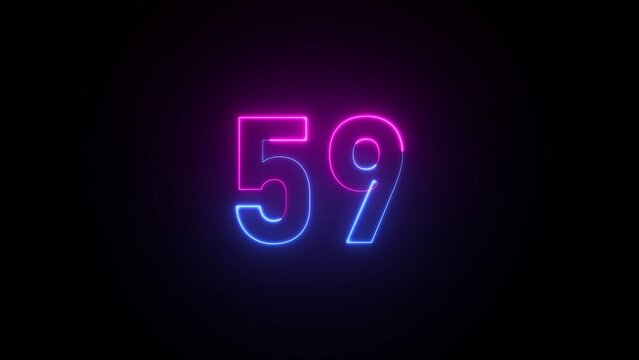 Neon number 59 in pink and blue light on a dark background fifty nine glowing