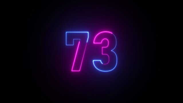 Neon number 73 glowing in pink and blue against a black background seventy three