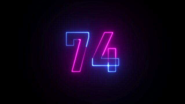 Neon number 74 glowing in pink and blue against a black background seventy four