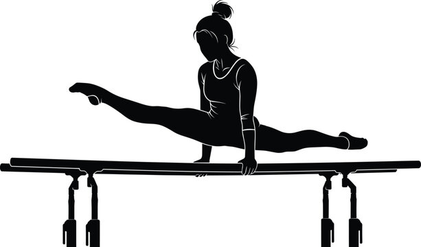 Female gymnast performing leg split on uneven parallel bars, black silhouette vector illustration 