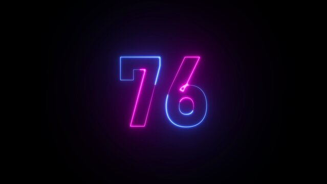 Neon number 76 glowing in pink and blue against a black background seventy six