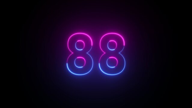 Neon number 88 glowing in pink and blue on black background eighty eight