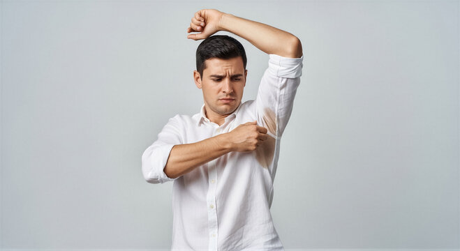 A man in a white shirt looks at a sweat stain under his armpit with a disgusted expression, studio shot against a grey background