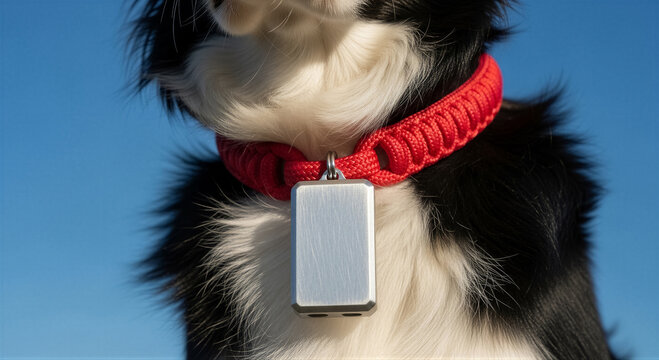 Closeup of a dog wearing a red paracord collar with a blank silver metal tag against a clear blue sky background