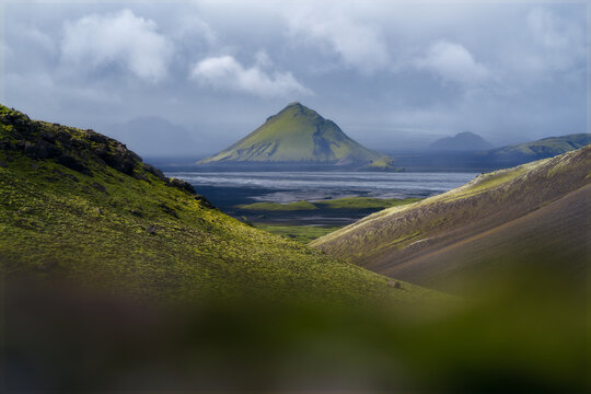 M&aelig;lifell through blurred moss foreground, Iceland highlands