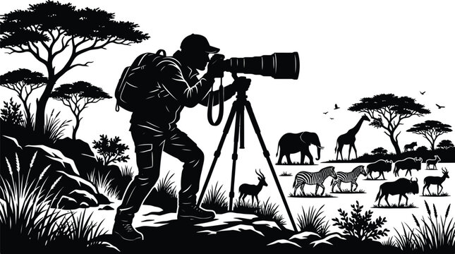A professional wildlife photographer captures stunning images of exotic african animals using a large telephoto lens mounted on a sturdy tripod in this black white illustration