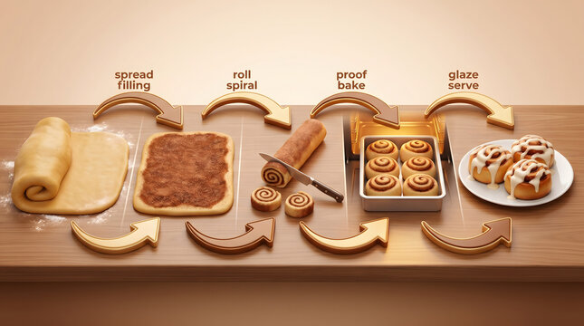 Cinnamon roll baking process steps infographic making sweet pastries from dough to glaze serve