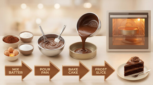 Chocolate cake baking process steps from mixing batter to baking and frosting with ingredients and oven