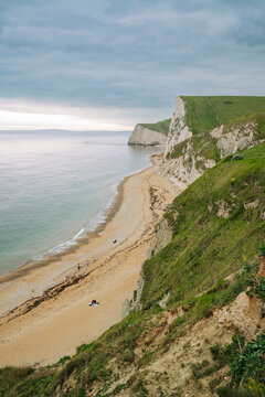 High angle shot, beach of Durdle Door in Dorset, UK