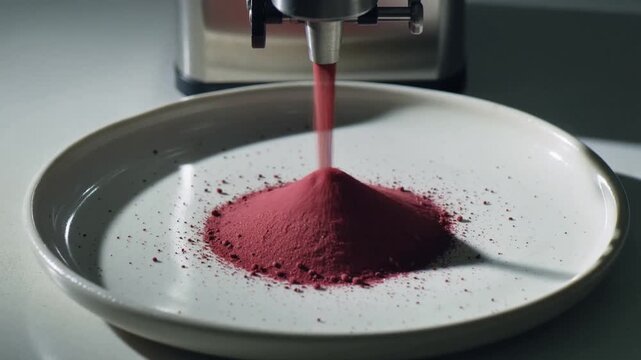 Close-up of red powder pouring from a machine onto a white plate dispensing