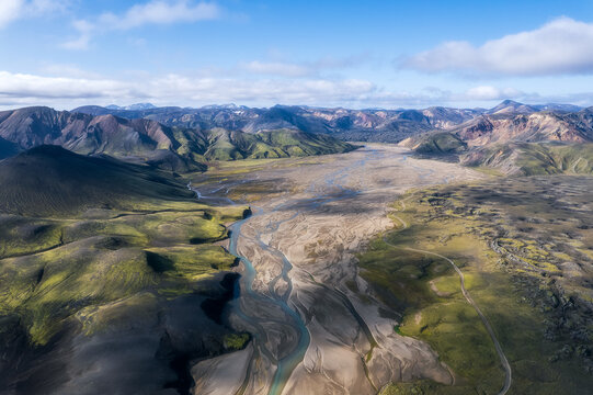 Turquoise river winding through volcanic plain, Landmannalaugar