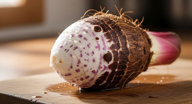 Fresh taro root with purple speckles on wooden cutting board
