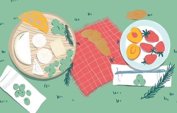 Picnic food with cheese, fruit and bread