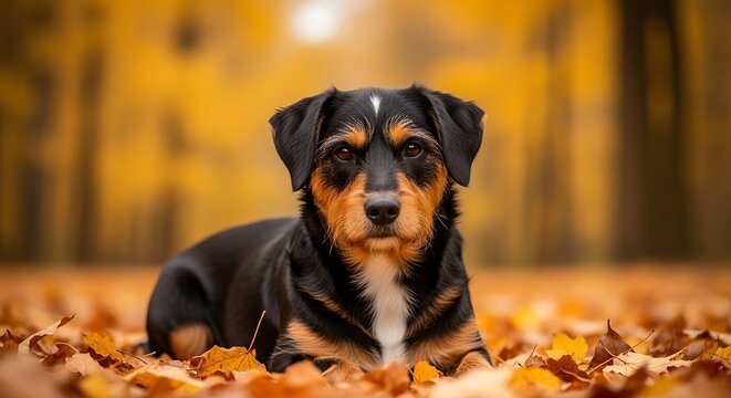 Portrait of a mixed breed dog lying in colorful autumn leaves