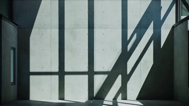 Concrete wall with dramatic sunlight and shadow patterns from window grid interior